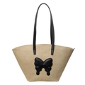 Stroh-Stofftasche mit schwarzem Leder-Schmetterling und schmalen Trägern auf weißem Grund - Schwarz