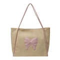 Große beige Stroh-Einkaufstasche mit rosa Schmetterlingsapplikation und Schulterriemen - Rosa