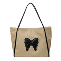 Große Stroh-Tote-Bag mit schwarzem Schmetterlings-Patch und Ledergriffen für Damen - Schwarz