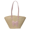 Stroh-Stofftasche mit rosa Leder-Schmetterlings-Patch und langen Schultergurten - Rosa