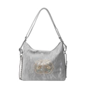 Silver-grey pleated shoulder bag with traditional Chinese floral embroidery and metal chain - Silver