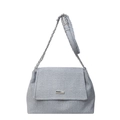 Light blue woven chain underarm bag with silver metal plaque on white background - Blue