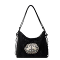 Elegant black New Chinese Style shoulder bag with floral embroidery and chain strap - Black