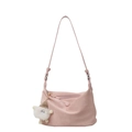 Pink dumpling shoulder bag in soft leather with a cute white plush sheep charm accessory - Pink
