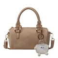 Light brown Boston handbag with dual handles, crossbody strap and a cute plush monster charm - Without Pendant / Khaki