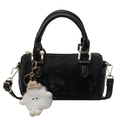 Chic black Boston handbag with matte texture and white plush monster charm - Without Pendant / Black