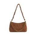 Brown matelassé shoulder bag with golden chain strap and pleated leather texture - Brown