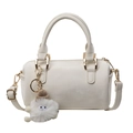 Chic beige Boston bag with smooth texture and cute plush charm pendant - Without Pendant / Off White