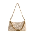 Beige pleated faux leather underarm bag with gold chain strap and textured finish - Off White