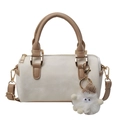 Cream white Boston handbag with brown handles and cute plush doll charm accessory - Khaki and White