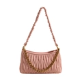 Pink matelassé pleated leather shoulder bag with golden chain and stylish long strap - Pink