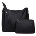 Black leather large tote bag and matching zipper pouch set with silver metal hardware - Mother-and-child Bag (Large Bag + Small Bag) / Black