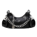 Elegante borsa a mezzaluna nera con catena argentata e tracolla larga in pelle - Nero