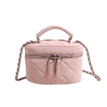 Pink quilted leather crossbody vanity bag with silver chain strap and top handle - Pink