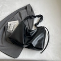Minimalist black tote bag with wrinkled leather texture and wide shoulder strap - Without Cloud Pendant / Black