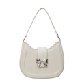 Creamy white half-moon underarm bag with elegant silver metal bow buckle detail - White
