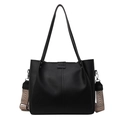 Retro schwarze große Tote Bag mit Litschi-Textur und gewebtem breitem Schultergurt im Ethno-Stil - Schwarz