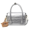 Silver stone pattern small square handbag with plush charm and detachable strap - Silver