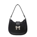 Chic black hobo bag with a silver metal bow clasp and smooth synthetic leather finish - Black