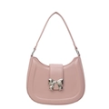 Pink crescent shoulder bag with silver metallic bow clasp and matte synthetic leather - Pink