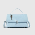 Borsa a tracolla azzurra in ecopelle con fibbia argentata e ciondolo a chiave - Blu
