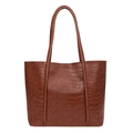 Brown crocodile embossed leather tote bag with dual shoulder straps in a minimalist style - Red Brown