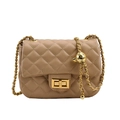 Beige quilted leather crossbody bag with gold chain strap and adjustable metal ball - Khaki