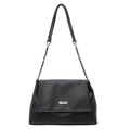 Minimalist black faux leather tote bag with silver chain strap and metal logo plate - Black