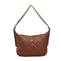 Brown quilted leather hobo bag with gold floral emblem and thick chain strap - Brown