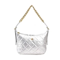 Silver quilted tote bag with golden camellia charm and chunky chain strap design - Silver