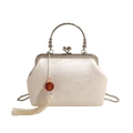 Sac de soirée élégant en jacquard ivoire avec broderie florale et poignée en métal - Blanc Cassé