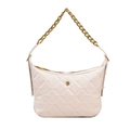 Creamy white quilted shoulder bag with gold camellia floral charm and thick metal chain - Off White
