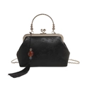 Sac à main vintage en satin noir avec jacquard, poignée en métal doré et pompons - Noir