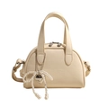 Creamy white semi-circle handbag with cross-hatch texture and heart pearl charm - No Pendant / Off White