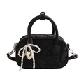 Elegant black velvet handbag with marble texture, pearl bow charm and crossbody strap - With Pendant / Black