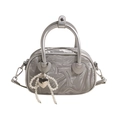 Silver metallic velvet handbag with pearl bow charm and heart buckle details - With Pendant / Silver