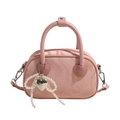 Pink marble pattern velvet handbag with pearl bow charm and heart metal hardware - With Pendant / Pink