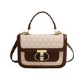 Piccola borsa quadrata beige e marrone con chiusura a T dorata e manico superiore - Patchwork Marrone e Bianco
