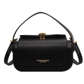 Minimalist black leather crossbody bag with gold metal buckle and fashion lettering - Black