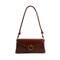Glossy dark brown faux leather baguette bag with a stylish round metal buckle - Brown