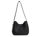 Minimalist black lychee texture leather shoulder bag with decorative flap closure - Black