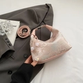 Pink jacquard silk dumpling bag with traditional landscape pattern and leather handles - Pink