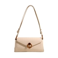 Modern minimalist beige baguette shoulder bag with elegant gold circular buckle hardware - White