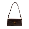 Chic dark chocolate glossy faux leather baguette bag with a gold metal ring detail - Brown