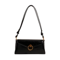 Fashionable black patent leather baguette shoulder bag with a gold circular metal buckle - Black