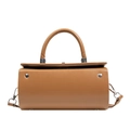 Brown cylinder handbag in smooth vegan leather with silver rivets and shoulder strap - Khaki