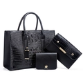 Dreiteiliges schwarzes Damen-Handtaschen-Set mit Kroko-Prägung und Goldbeschlägen - Schwarz
