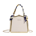 Elegant cream white square box bag with gold frame, silk scarf handle and chain strap - Off White
