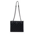 Classic black quilted shoulder bag with silver chain strap and metal pendant on white background - Black