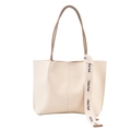 Borsa tote minimalista in pelle bianco crema con manici marrone scuro e nastro decorativo - Bianco